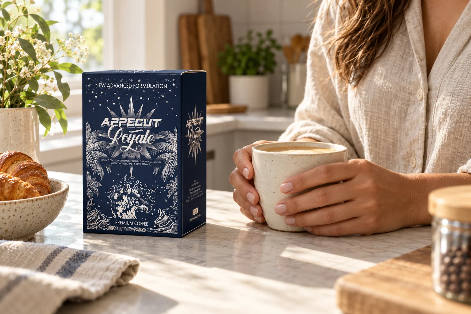 Ilustrasi suasana pagi bersama kopi dan Appecut Royale
